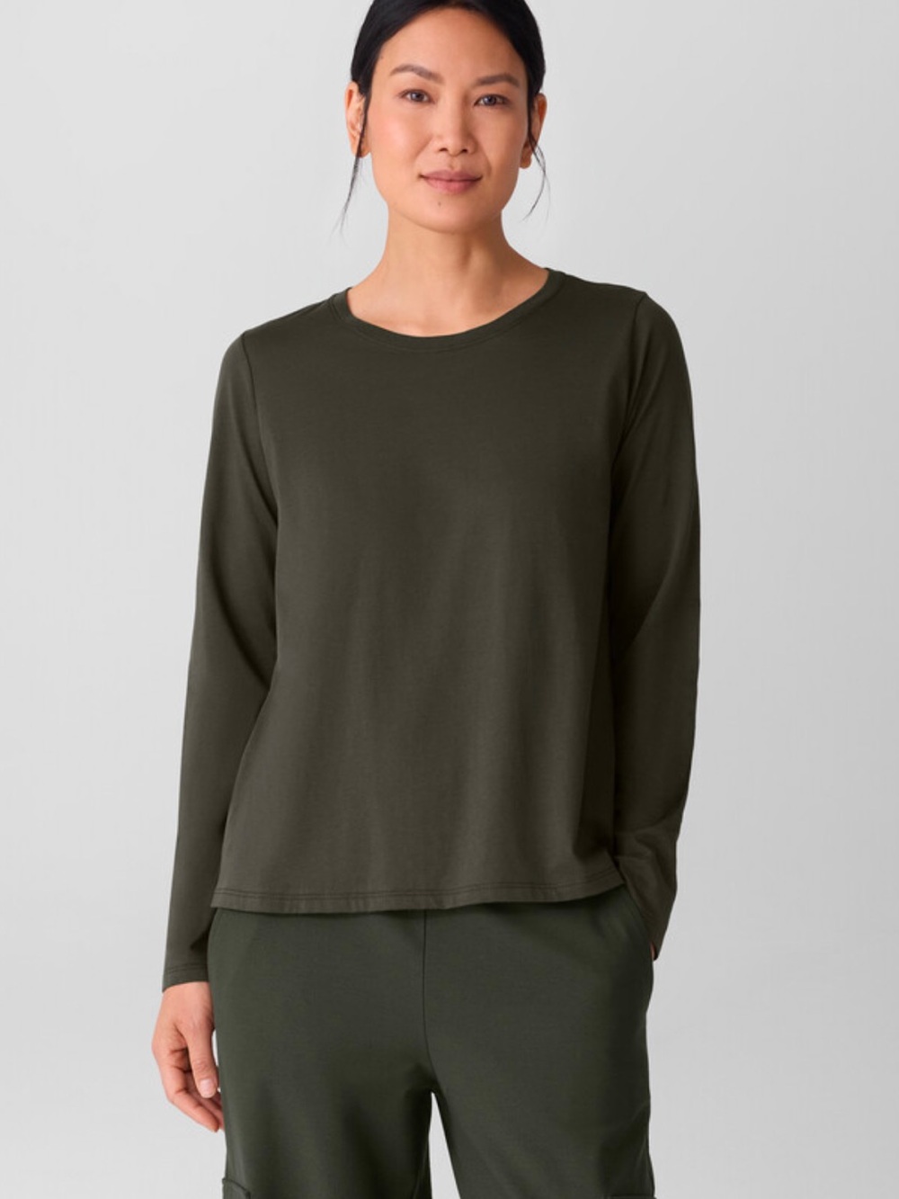 Eileen Fisher Organic Cotton Round Neck Long Sleeve Tee in Woodland Size 1X